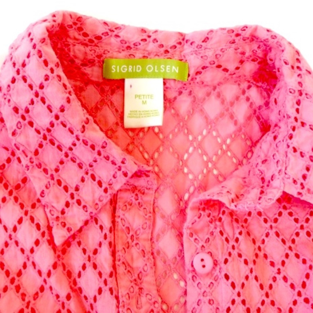 Sigrid Olsen petite M coral pink eyelet blouse